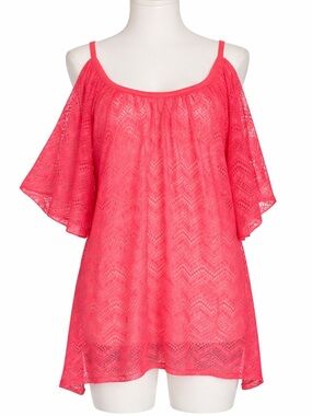 Coastal Boho crochet Swim Cover Up Tunic -  cold shoulder- Coral Pink - M
